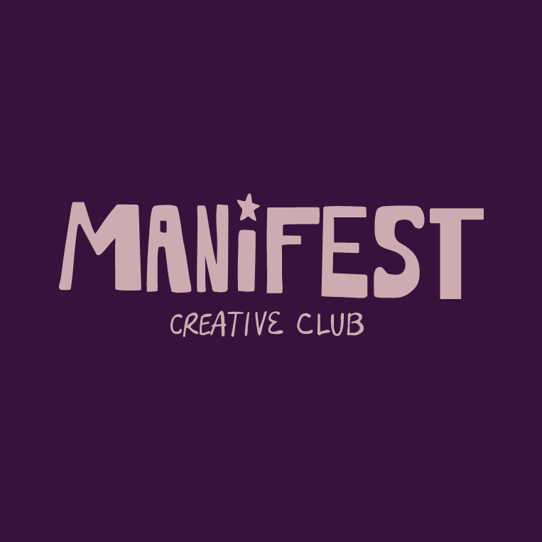 Logo for Manifest Creative Club with purple background and stylized text.