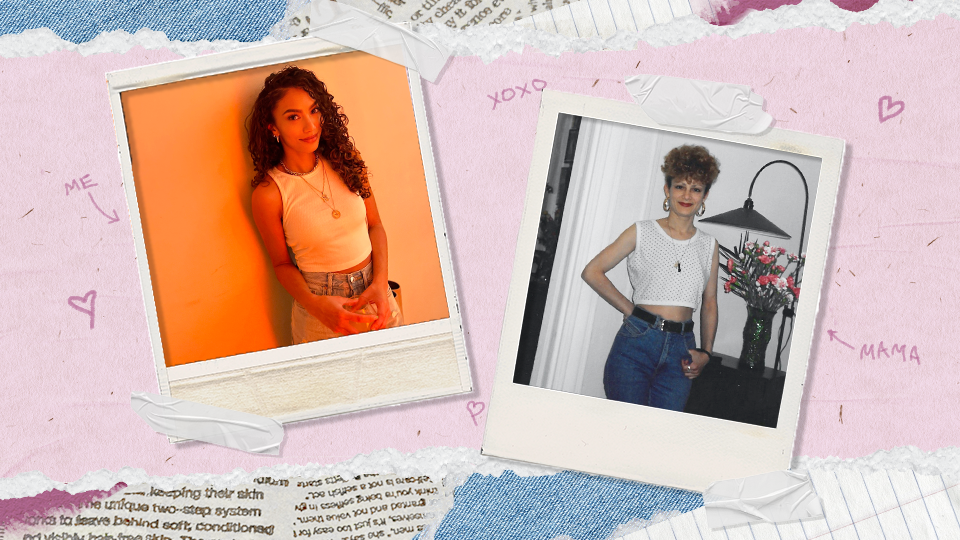Two Polaroid photos taped onto a pink and blue collage background. The left photo features a young woman with curly hair, wearing a sleeveless beige top and jeans, standing against an orange wall. The right photo shows an older woman with short curly