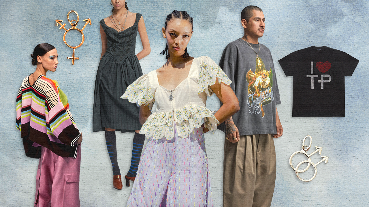 Group of five diverse models wearing colorful and unique clothing against a textured blue background, with symbols of gender and a T-shirt saying 'I love TP'.