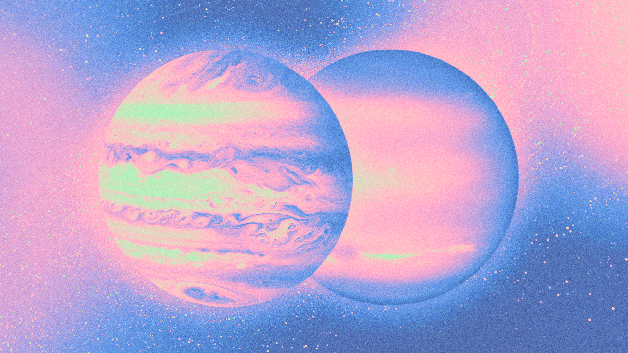 Two planets in space with a pink and blue color scheme, surrounded by stars and cosmic dust.