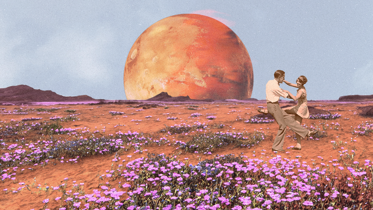 A man and woman dancing on a field of pink and purple flowers with a large orange moon or planet in the sky.