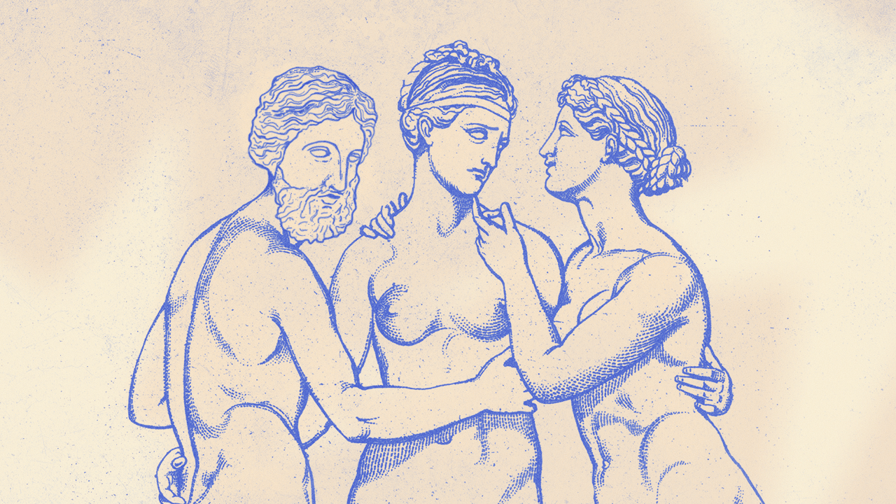 A sketch of three nude figures, two women and one man, close together with intimate poses.