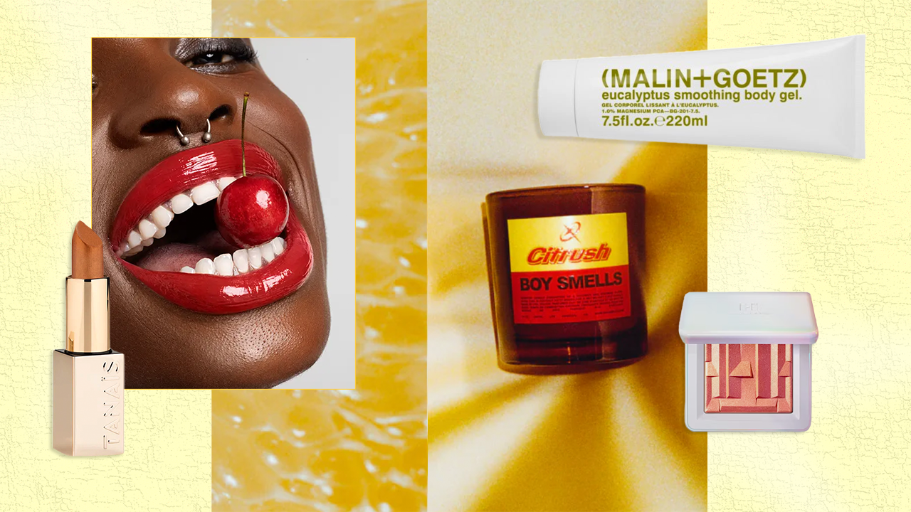 A collage featuring a person with shiny red lipstick biting a cherry, a tube of eucalyptus smoothing body gel, a container labeled "Boy Smells," a makeup palette with pink shades, and a lipstick tube, all set against a yellow background.