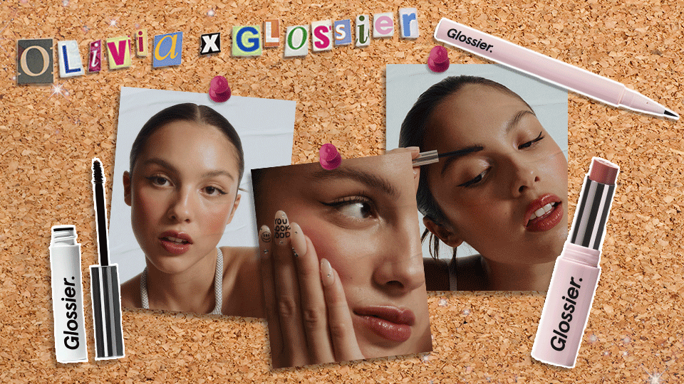 Corkboard with photos of Olivia Rodrigo pictured for a Glossier Collaboration. Editorial collage by Sasha Purdy