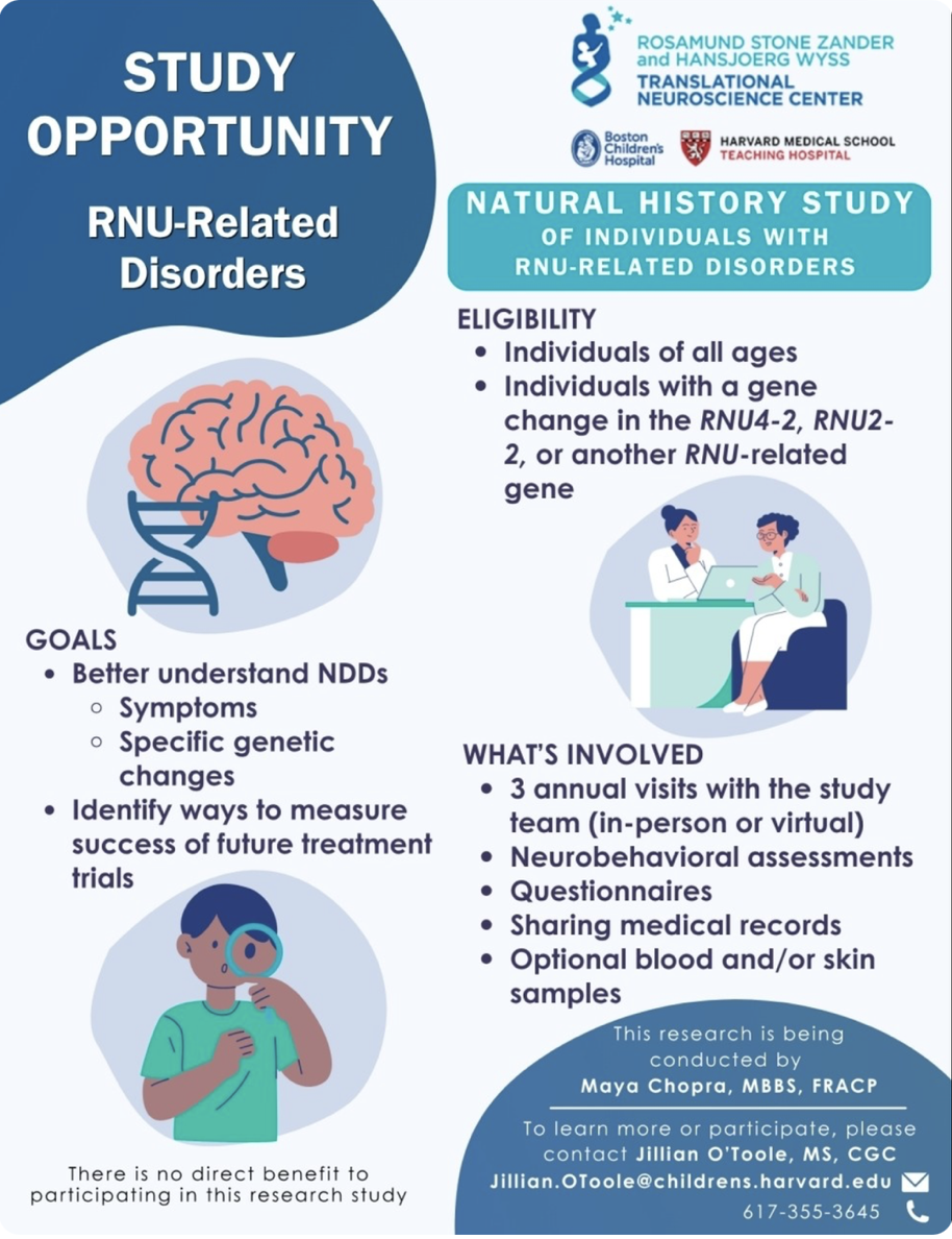 Boston Children's Hospital study flyer for the Natural History Study of Individuals with RNU-Related Disorders. Full details are written out below.