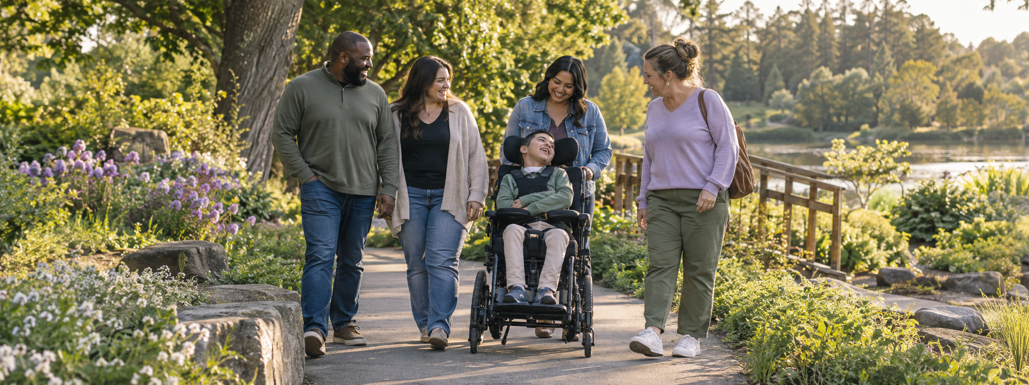 Family and friends walking through a garden with a boy in a wheelchair