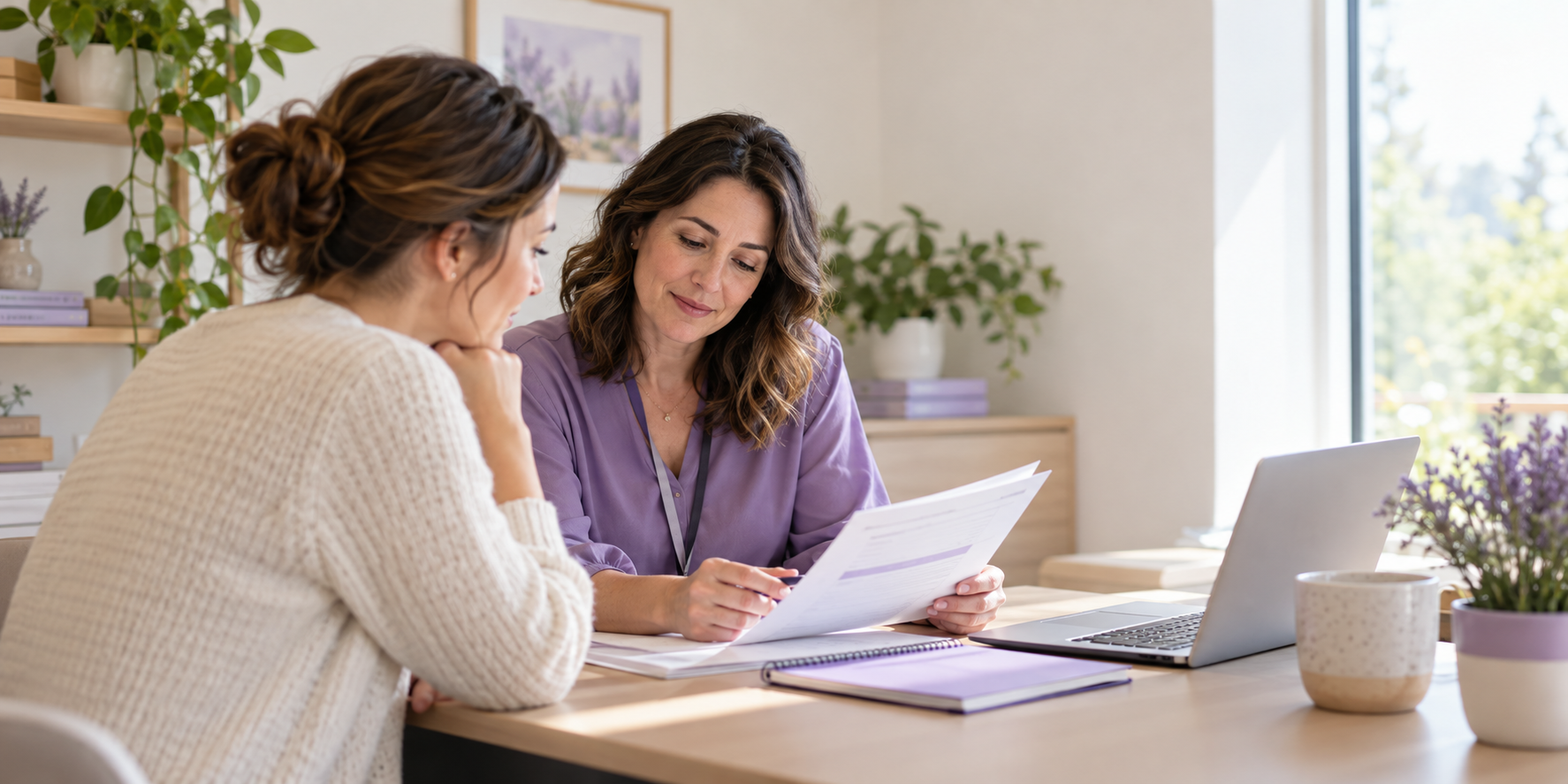 A genetic counselor reviews a report with a parent.