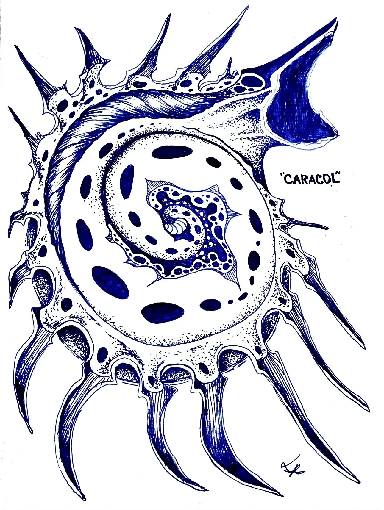 "CARACOL" (blue ink on cardstock)