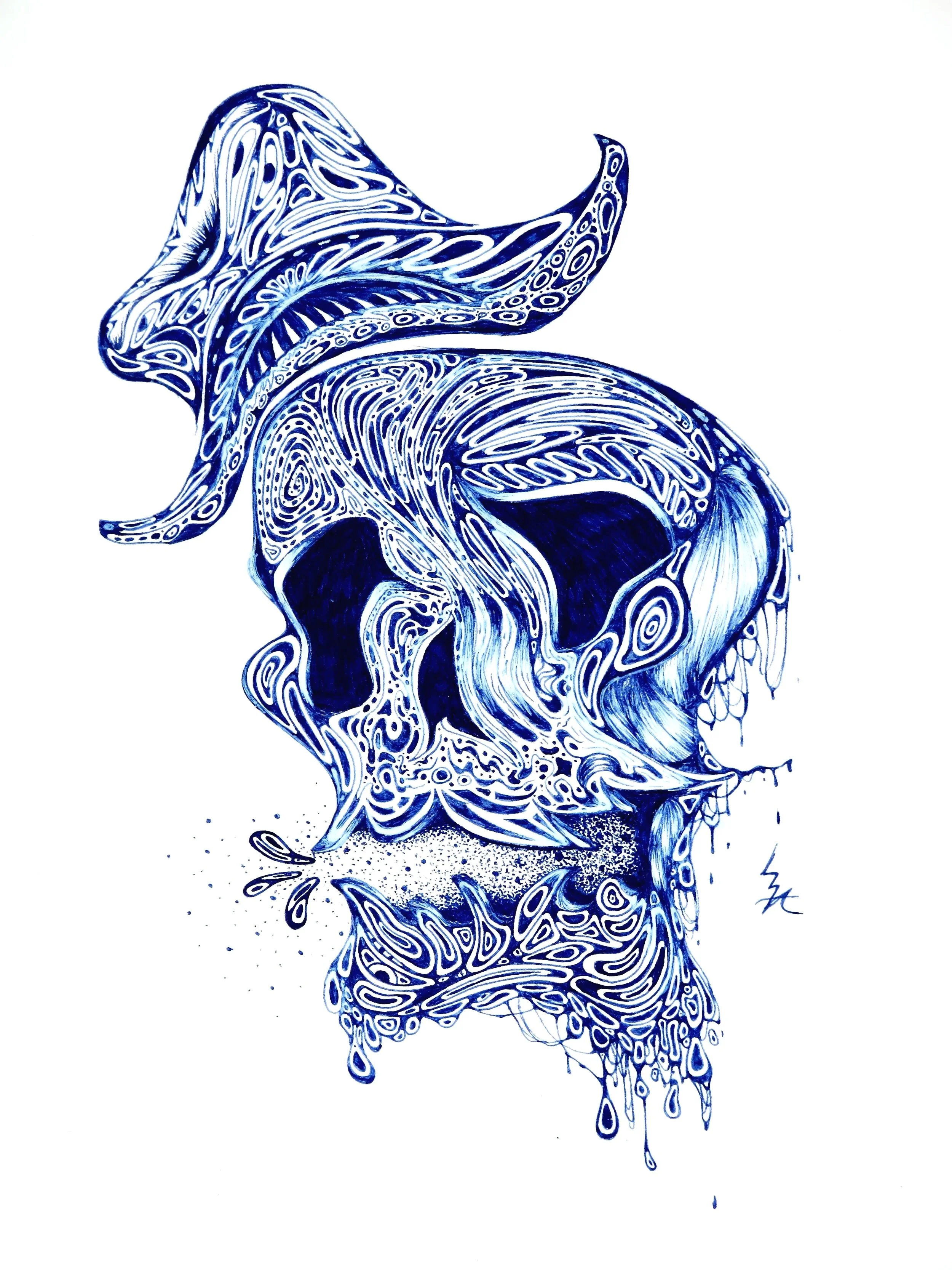 "Dead Scallywag" (blue ink on paper)