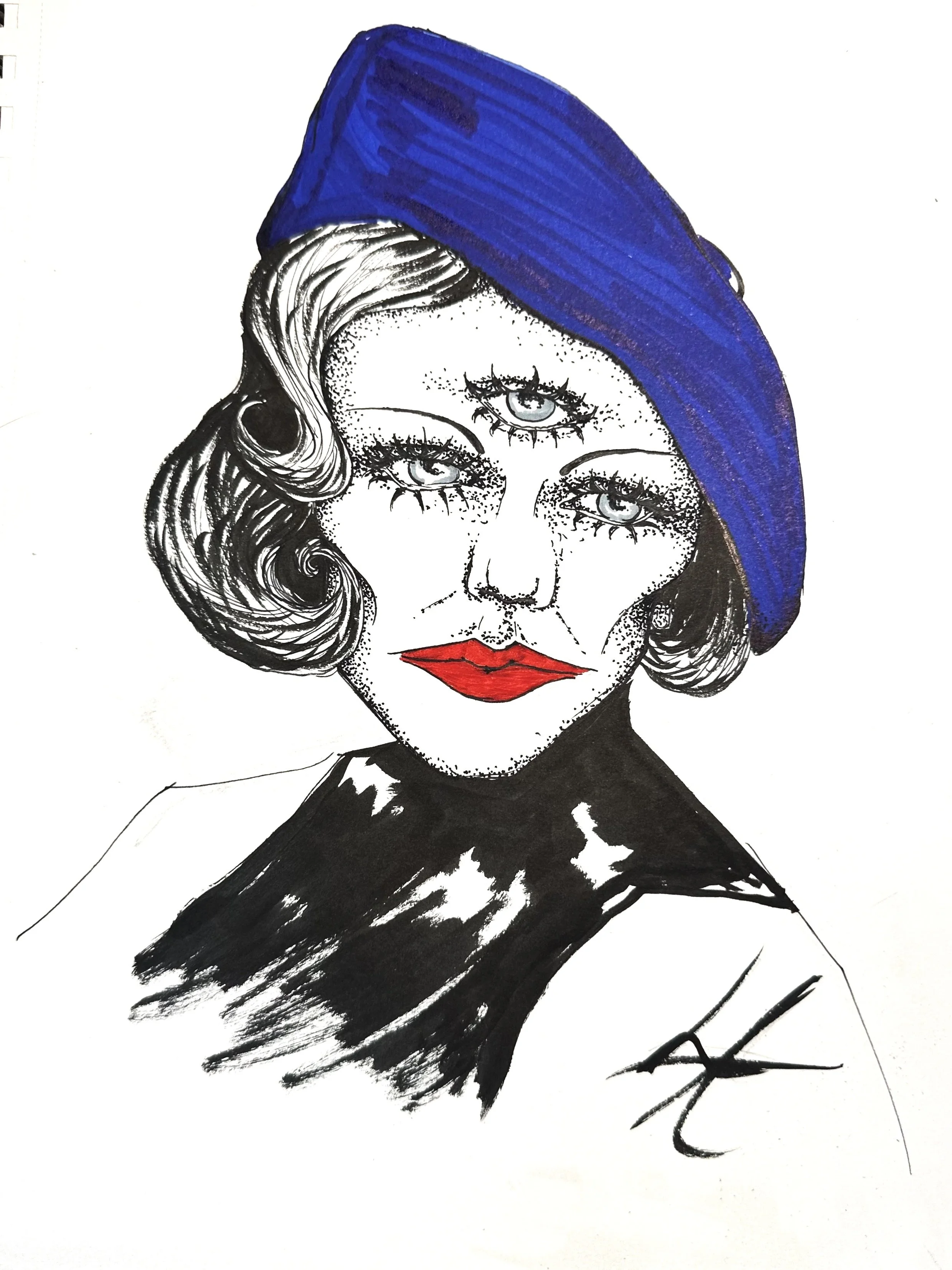 "Blue Beret" (ink and alcohol marker on paper)