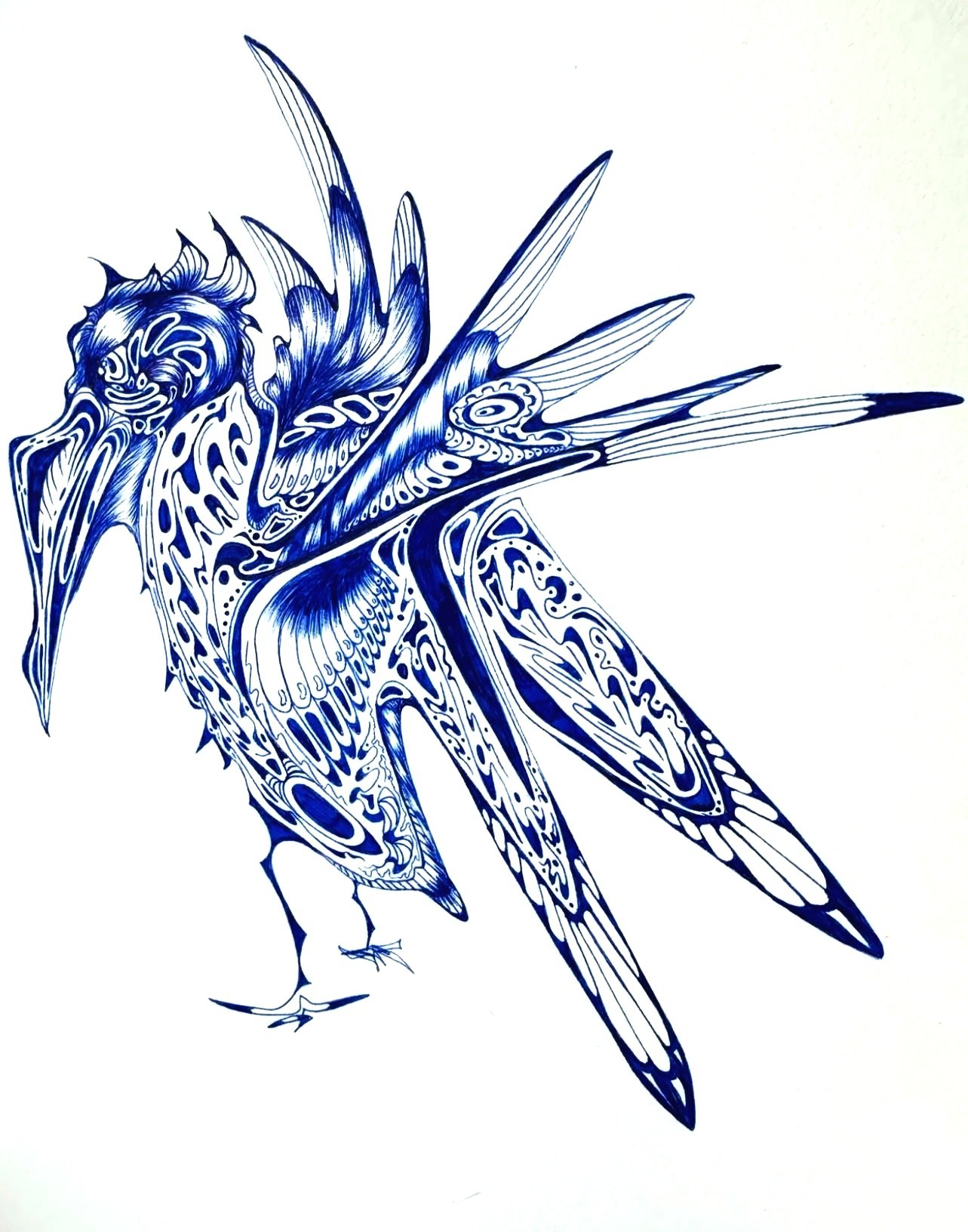 "Blue Crane" (blue ink on paper)