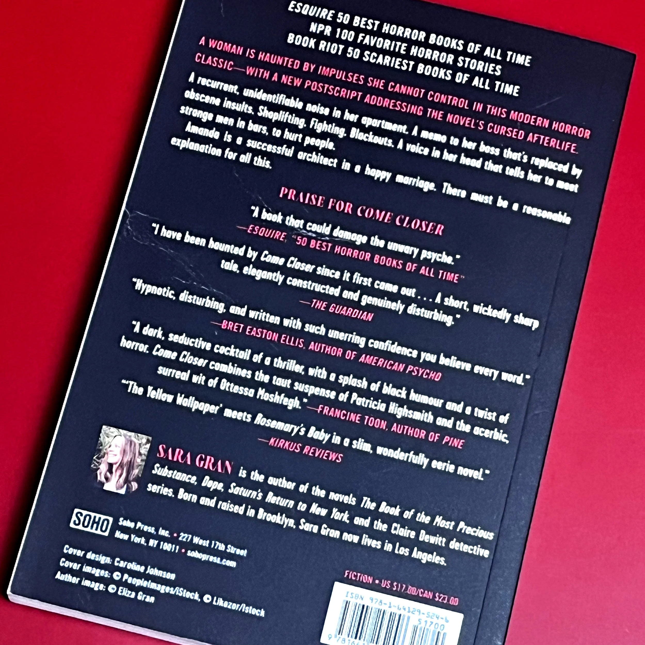 Back cover of novel with creased damage.