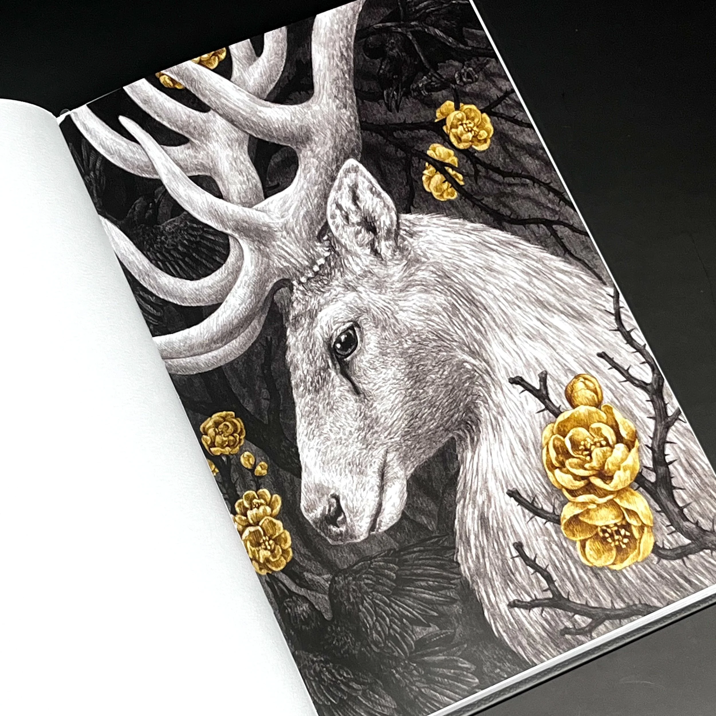 One of the first pages in book that is a colored image depicting a white stag against a black background surrounded by golden florals.