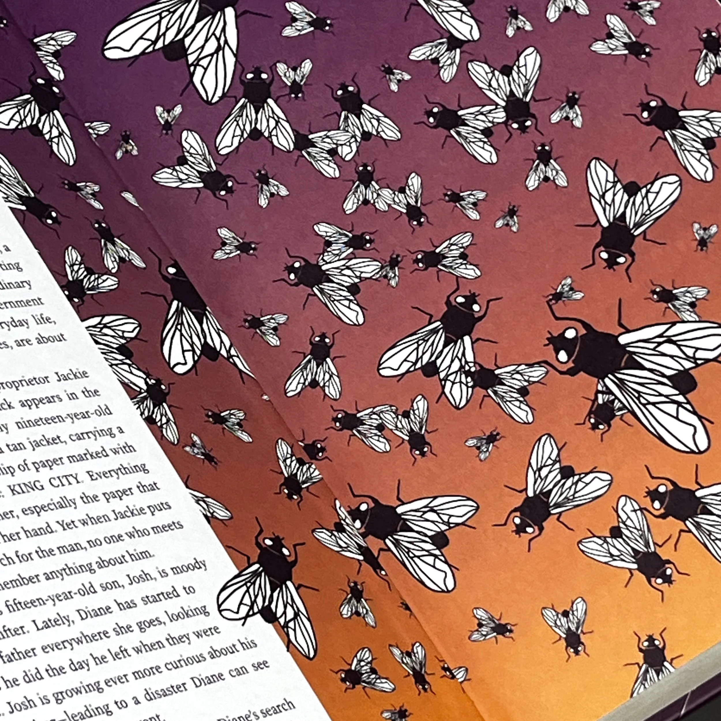 Inside of covers is a purple/Pink/orange background with black and white flies in a repeating pattern.