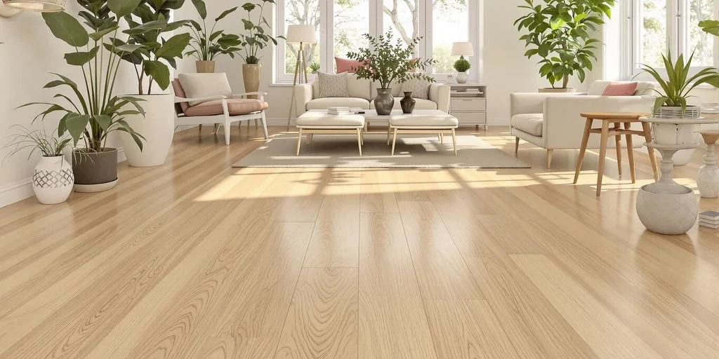 Living room design with light hardwood flooring