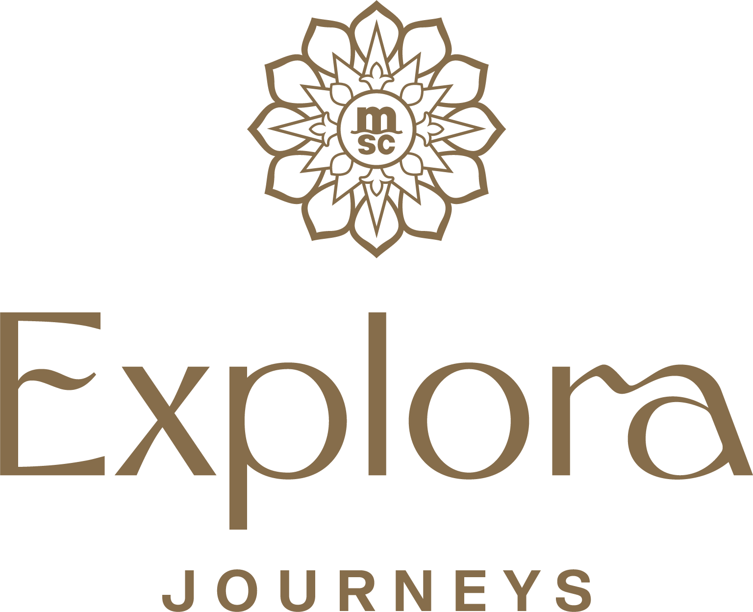 Logo for 'Explora Journeys' featuring a decorative emblem above the text.