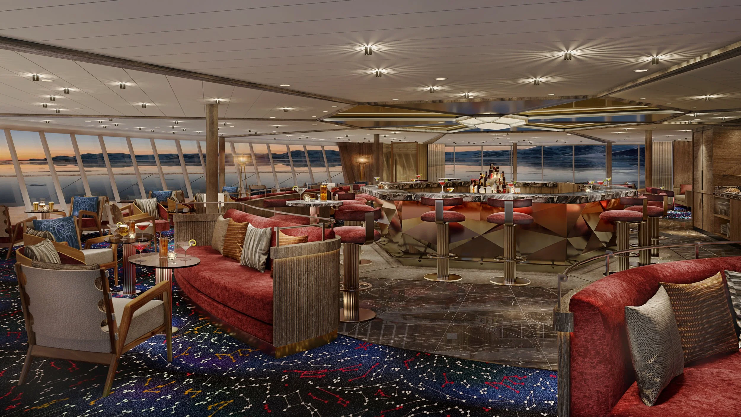 Luxurious interior of a cruise ship bar and lounge area with large windows showing a sunset over the ocean, modern furniture, a central marble bar, and ambient lighting.