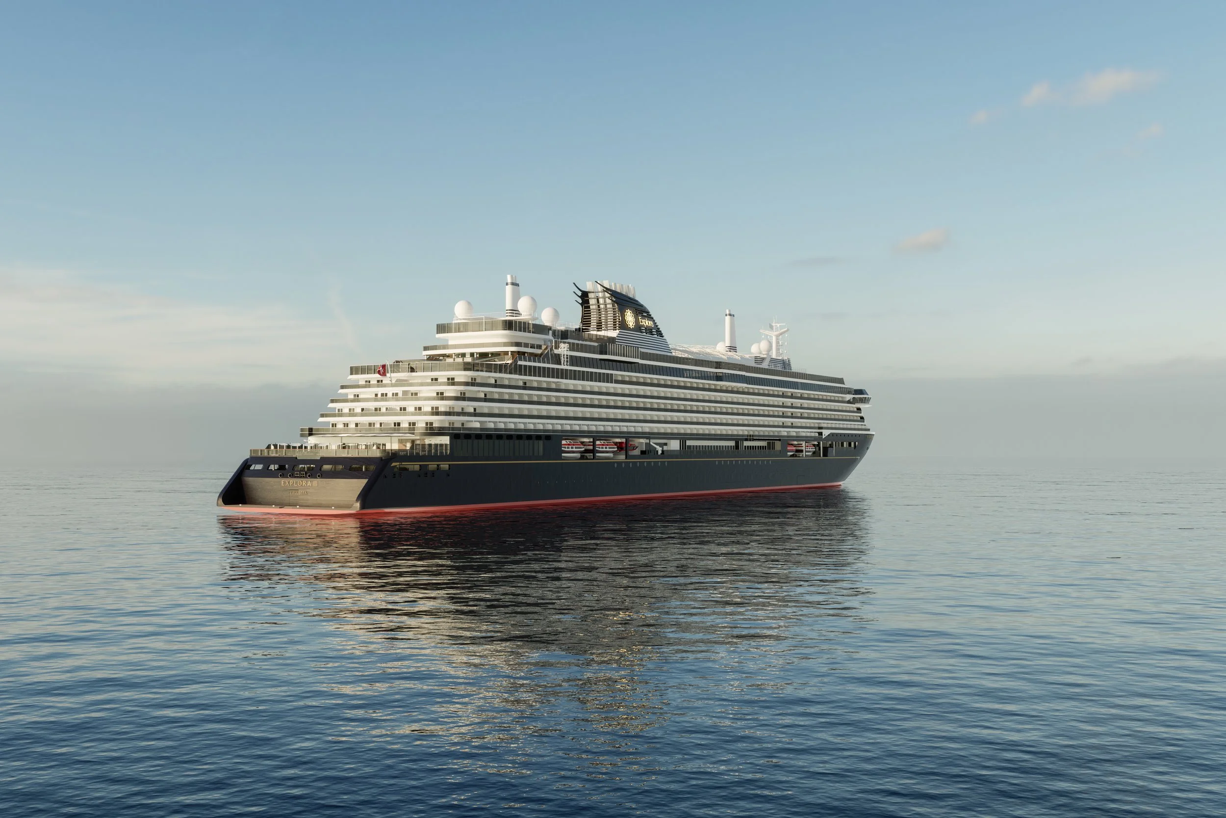 A large cruise ship on calm ocean waters under a blue sky.
