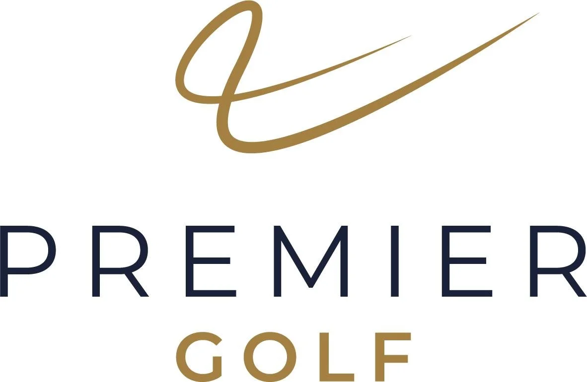 Logo for Premier Golf with a gold stylized swoosh above the words "PREMIER GOLF" in dark blue and gold.