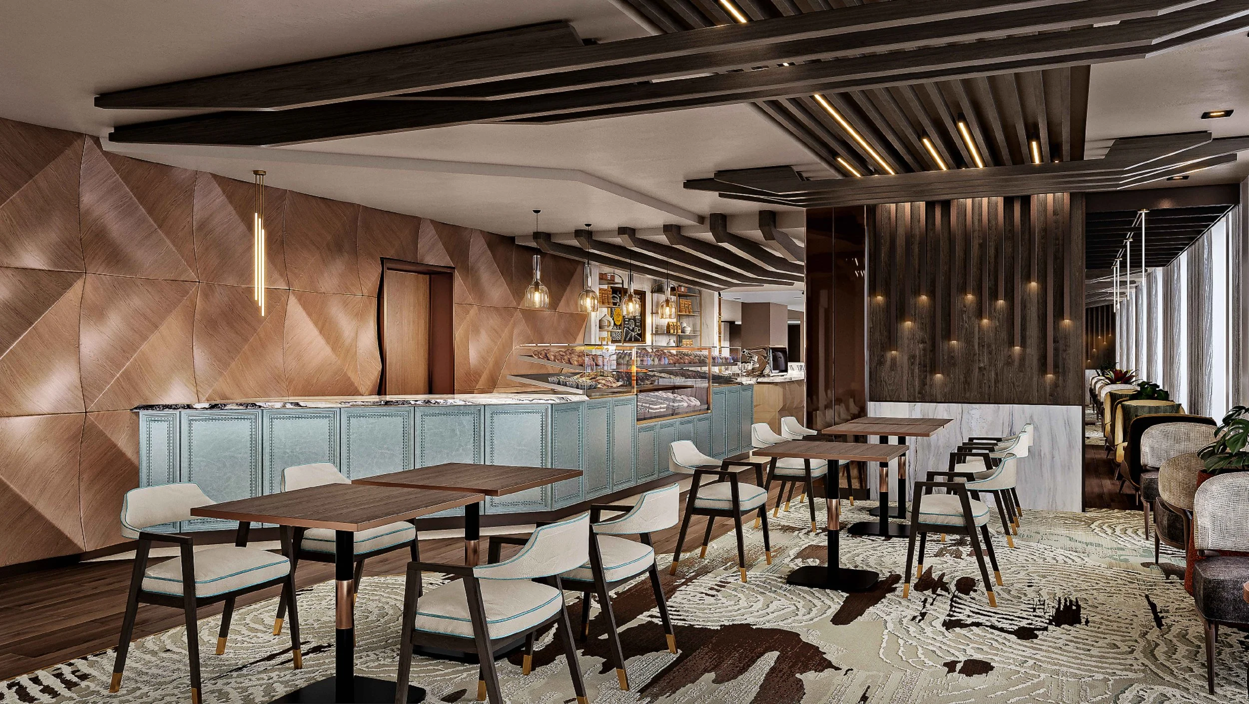 Modern restaurant interior with wood paneling, white and black chairs around wooden tables, a light blue counter with a glass display case, hanging pendant lights, and a patterned rug, with large windows on the right side.