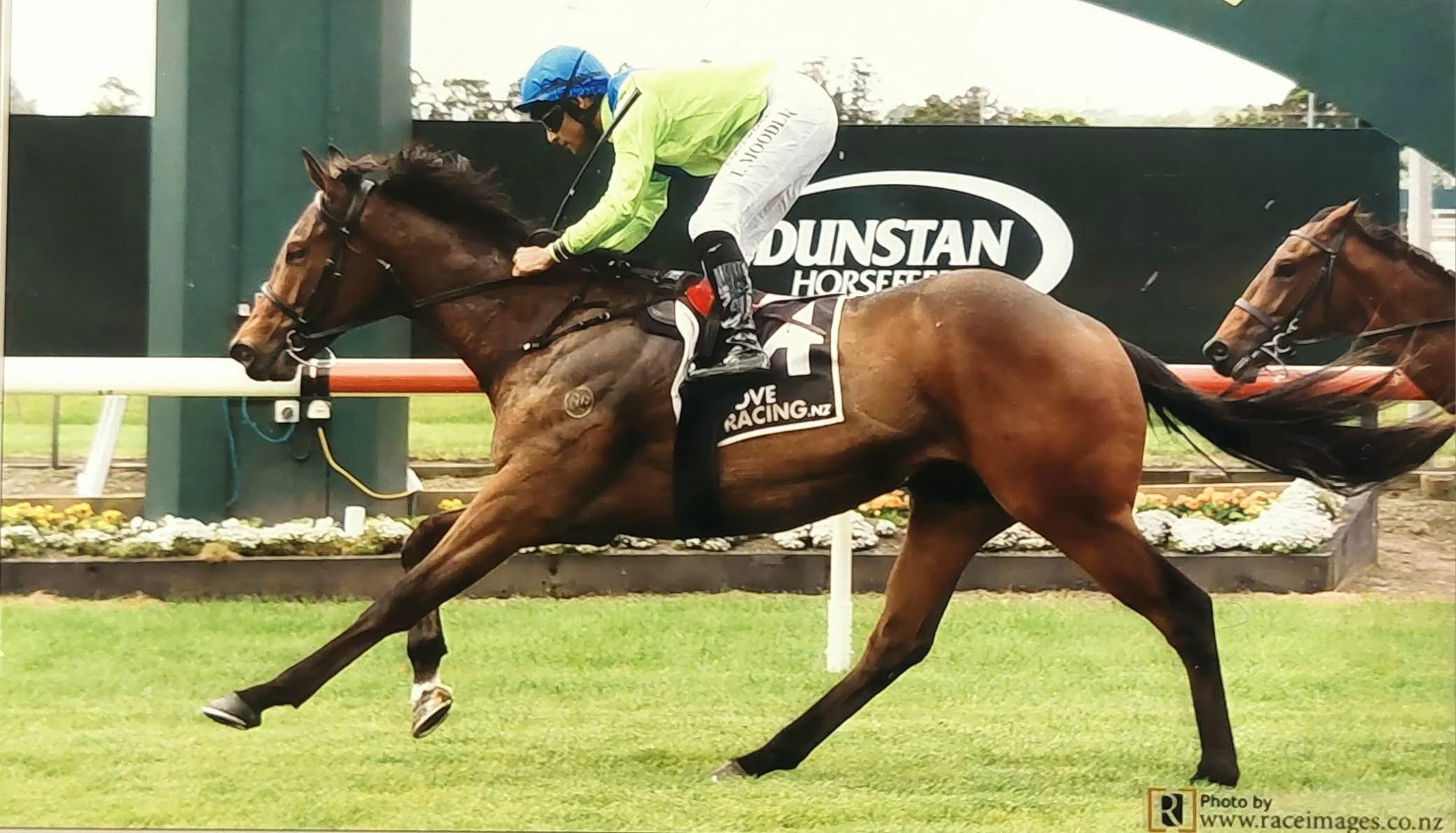 A jockey riding a brown racehorse, Speed Demon, during a horse race, with another horse visible in the background, on a grassy racetrack.