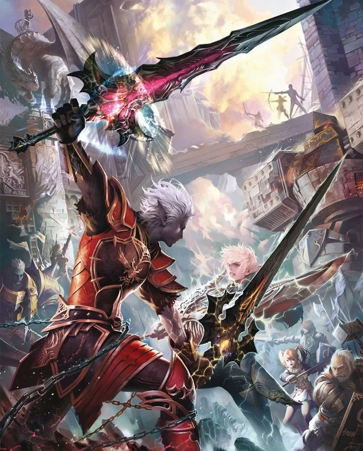 Fantasy battle scene featuring armored warriors with swords, amidst a chaotic urban backdrop with flying debris and attacking creatures, including a large dragon in the sky.