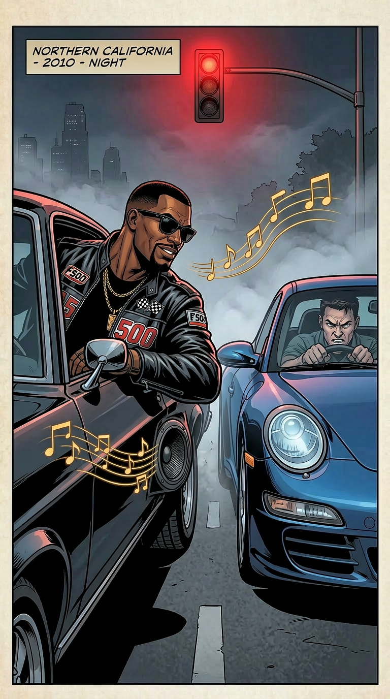 A comic-style illustration of a street scene in Northern California at night in 2010, featuring two cars stopped at a red traffic light. A black man wearing sunglasses, a racing jacket with '500' patches, and gold chains is leaning out of one car, smiling and listening to music. A white man with furrowed brows is driving the other car, looking angry. Musical notes are emanating from both cars, indicating they are playing music.