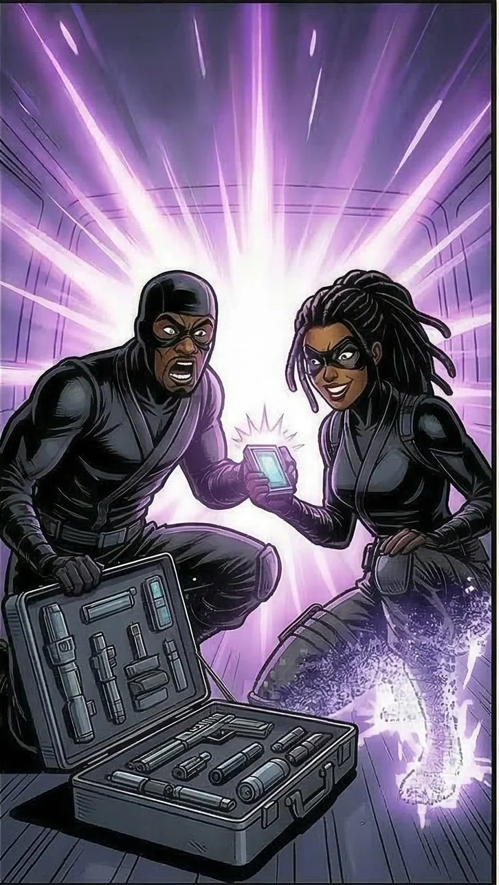 Comic-style illustration of two characters dressed in black tactical gear, one holding a phone and the other holding a case with tools, surrounded by a purple glow with lightning effects.