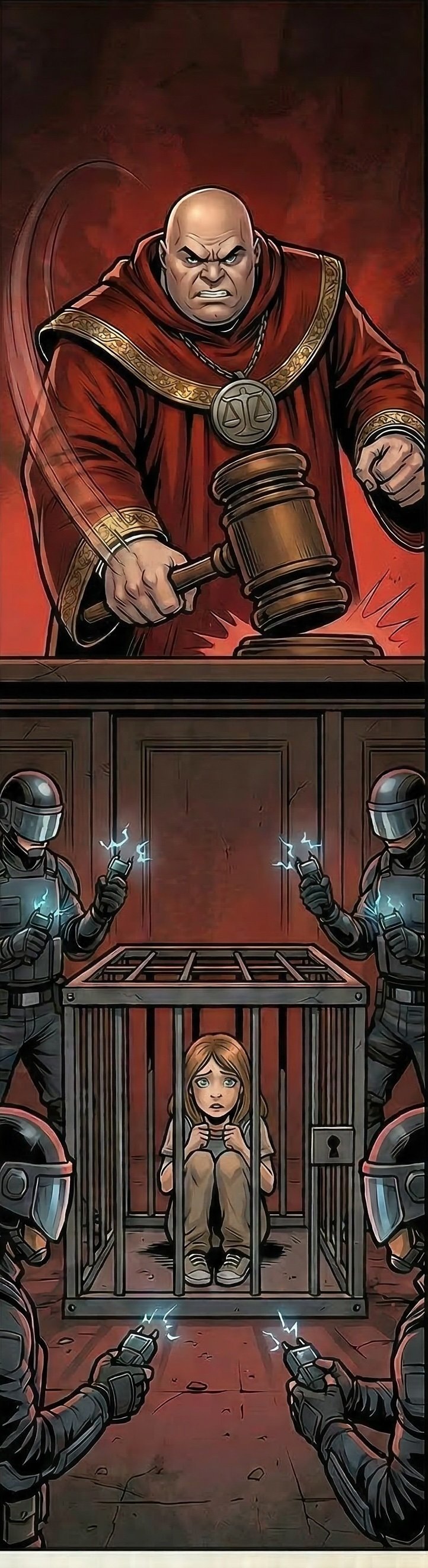 A judge in a red robe with gold trim and a gavel is about to strike it, surrounded by riot police with shields and batons, and a frightened young girl sitting in a jail cell.