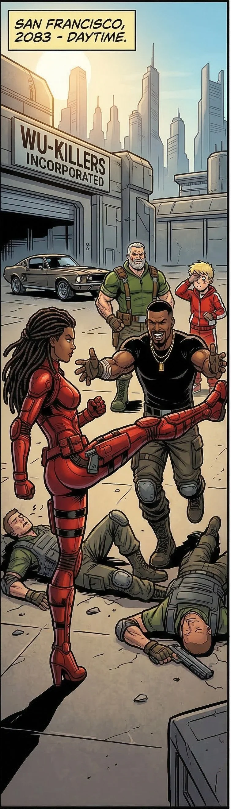 Scene with Marvel characters in a futuristic cityscape of San Francisco in 2083 during daytime. The characters include a woman in a red suit kicking a man in black, who is smiling and wearing chains, while two soldiers lie on the ground. Other characters include a man with a beard in a green shirt and a girl in a red jacket, standing near a classic car outside a building labeled 'Wu-Killers Incorporated'.