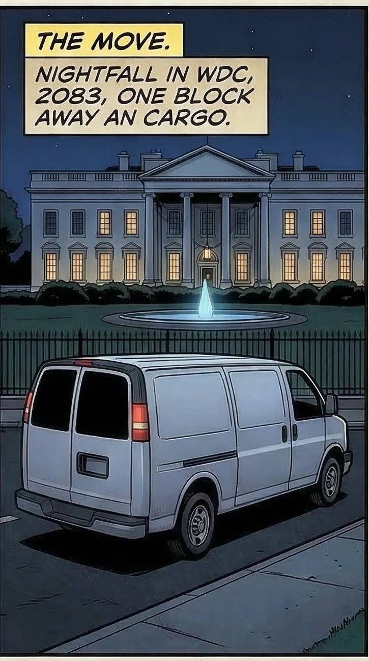 Illustration of a white cargo van parked in front of the White House during nighttime. There is a fountain and a fence in front of the White House, with lit windows and a dark sky with stars. A text box at the top says, "The move. Nightfall in WDC, 2083, one block away an cargo."