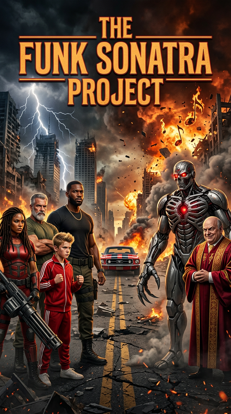 Promotional poster for 'The Funk Sonatra Project' featuring a post-apocalyptic cityscape with flames, smoke, lightning, and destruction. Four human characters and one robot with glowing red eyes stand in the foreground, alongside a distinctive black and red muscle car. A priest-like figure is present, and musical notes and fire are scattered across the scene.