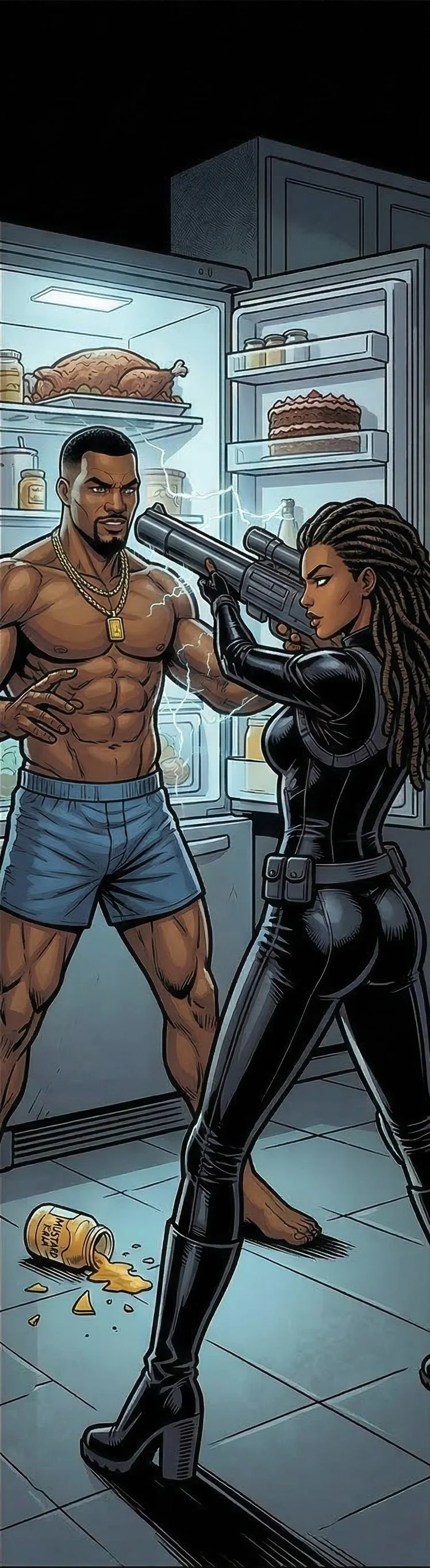 A comic-style illustration of a woman in black leather outfit pointing a gun at a shirtless man with tattoos, gold chains, and shorts inside a refrigerator, with spilled mustard on the floor.