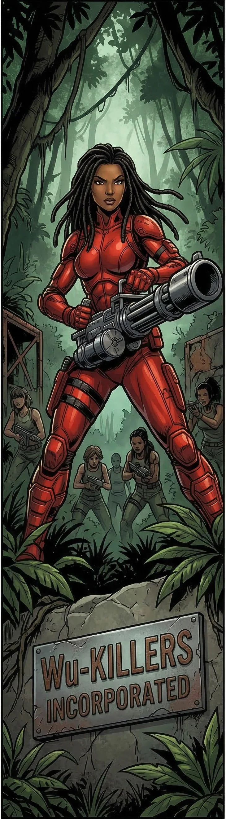 A woman in red tactical armor, armed with a large gun, leading a group of women with guns in a dense jungle. A sign reads 'Wu-Killers Incorporated' in front of the jungle.