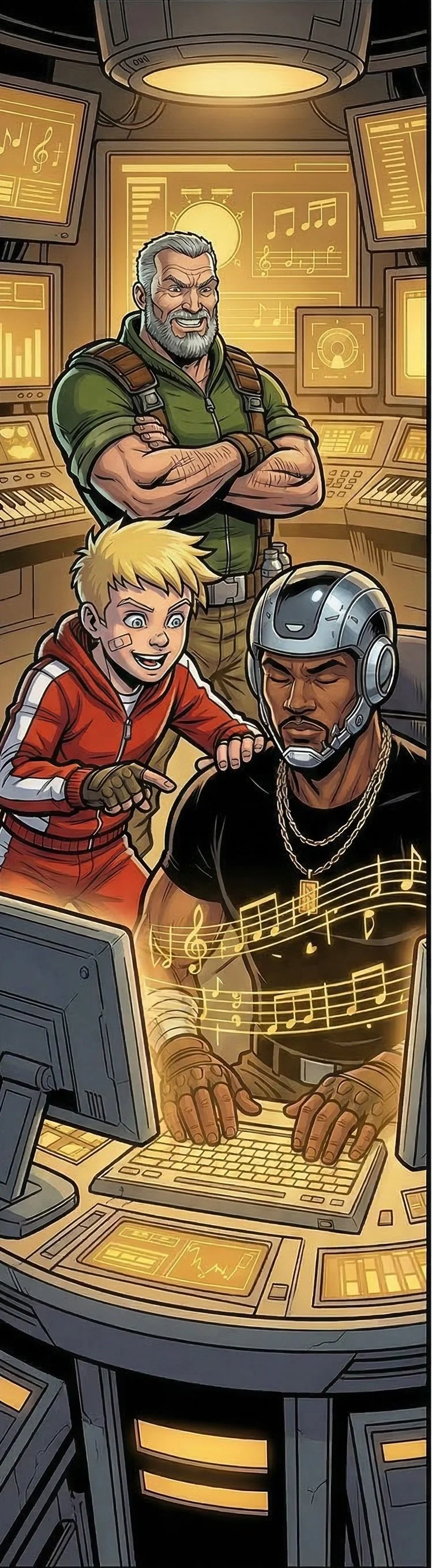 An animated illustration of a music production studio with three characters. One older man with gray hair and beard, arms crossed, stands smiling in the background. A young boy with blond hair, bandage on his face, pointing excitedly, is in front of a man in a helmet and gloves, who is working at a computer with musical notes flowing around. The studio is filled with monitors, keyboards, and audio equipment.