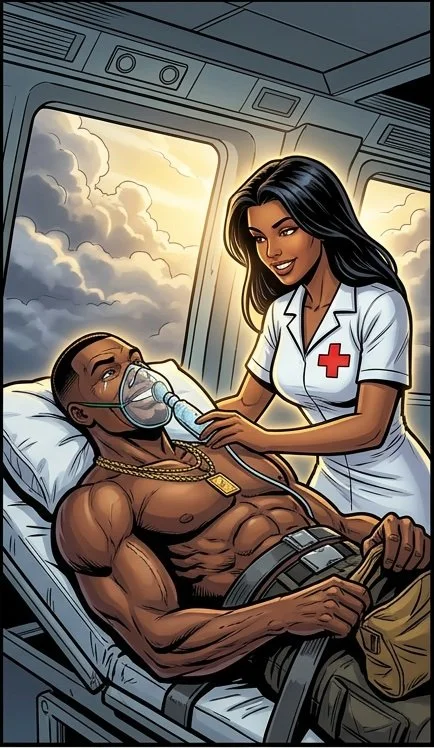 A muscular man lying in a hospital bed with an oxygen mask, wearing a tank top and military medals, while a nurse adjusting his oxygen mask smiles; they are inside an ambulance with clouds visible through the window.
