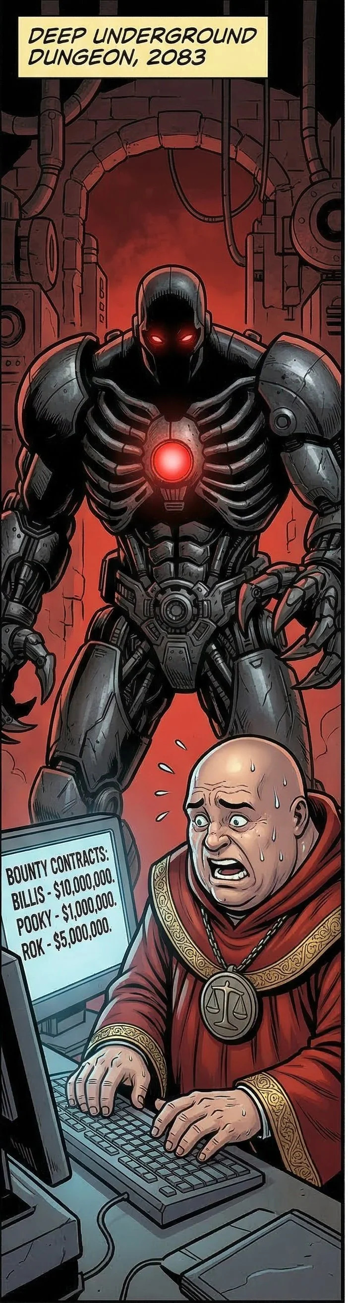 A menacing robot with glowing red eyes and a bright red core in its chest stands behind a stressed man at a computer. The man is sweating, looking distressed, and is surrounded by a monitor displaying high bounty contracts for various criminals. The background suggests a dark, industrial underground setting with pipes and brick walls, with a caption reading 'Deep Underground Dungeon, 2083'.