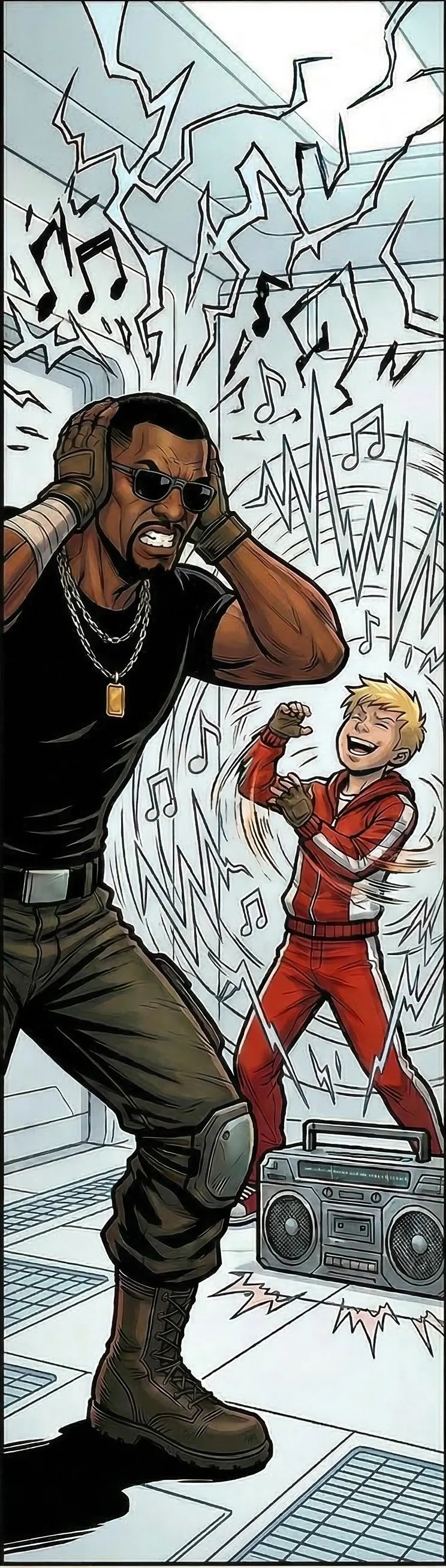 A comic-style illustration of a man and a boy dancing and enjoying music. The man is wearing sunglasses, a black shirt, cargo pants, and boots, with a chain and dog tag necklace, covering his ears with his hands. The boy, in a red tracksuit, is smiling and clapping. Musical notes and jagged lines surround them, indicating loud music and energetic movement, with a boombox on the floor.