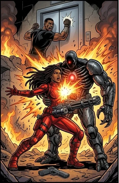 A comic book scene of a woman in red combat armor firing a weapon at a large mechanical robot, with an explosion behind them. A man in black is seen in the background, appearing to be trapped or in distress as the building around them is destroyed by fire and rubble.