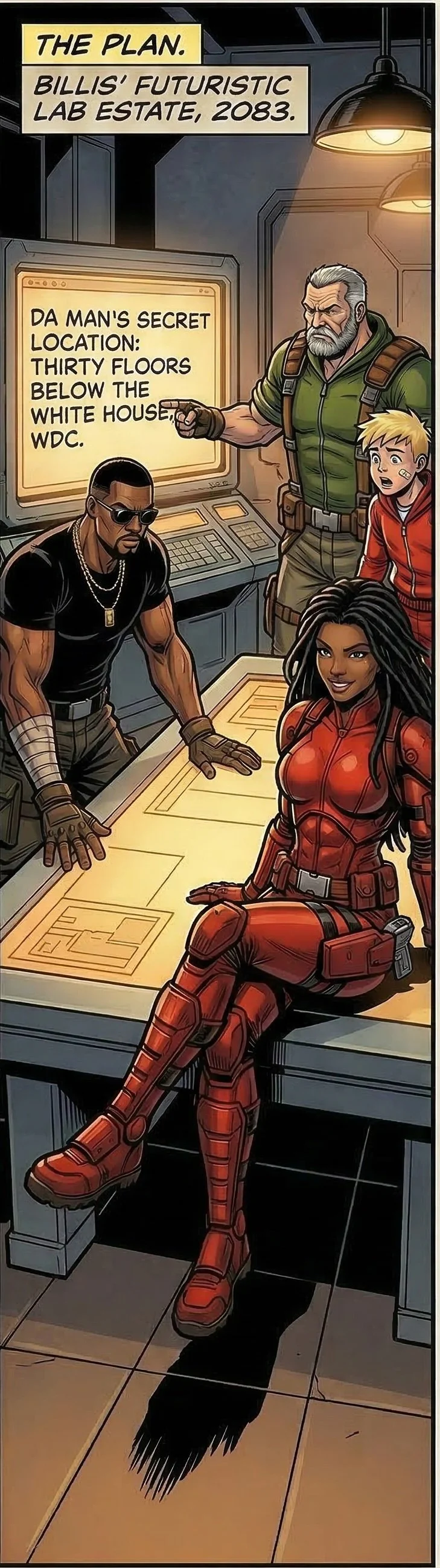 A futuristic lab with four characters discussing a secret location. The lab has a large table, control panel, and bright lighting. One character is pointing to a digital map, and others are listening. The background features a computer screen with text about a secret location and the White House.