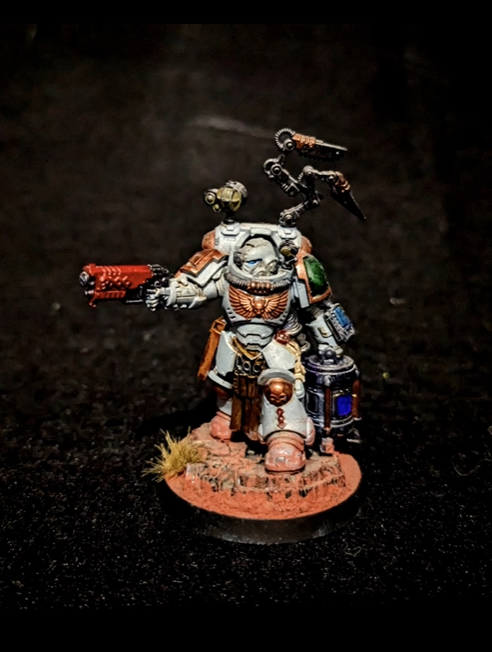 A miniature figurine of a space marine from Warhammer 40k holding a red gun and a skull-topped staff, standing on a round base with desert terrain.