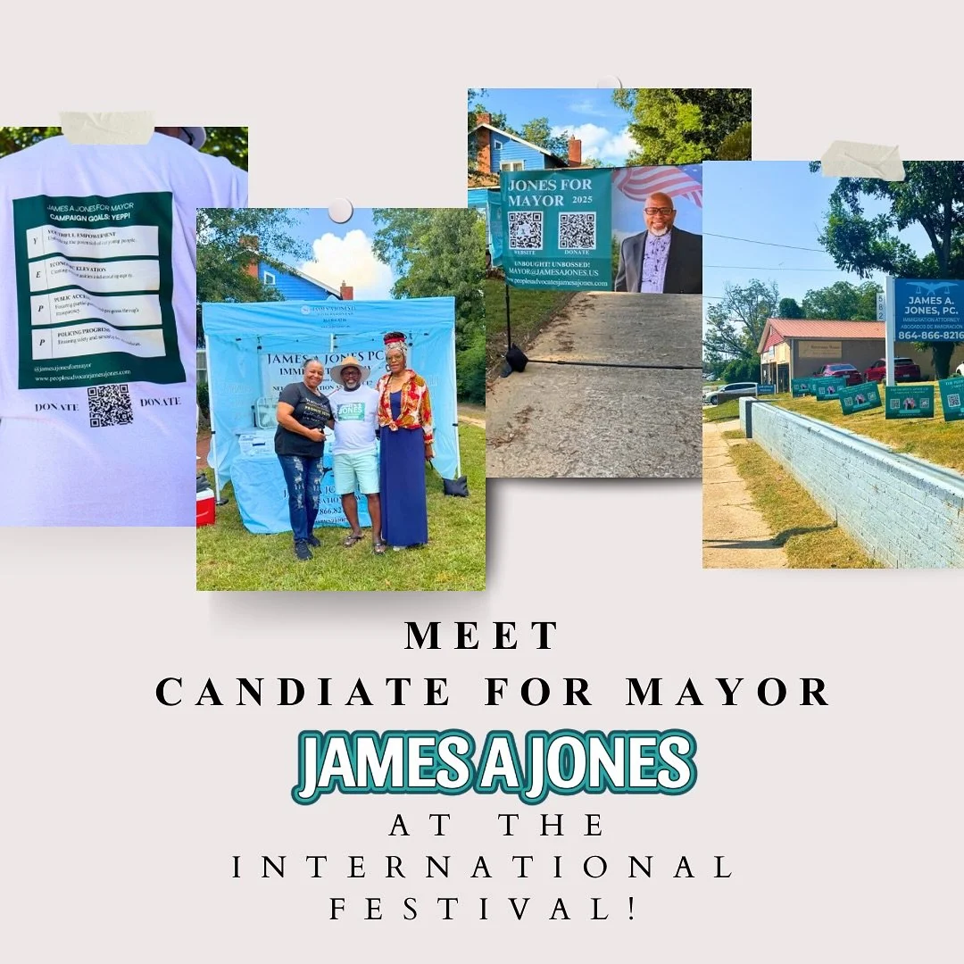 🌍✨ This Saturday, join the James A. Jones for Mayor campaign team at the International Festival 2025 at Barnet Park, Spartanburg! 🎉

📍 Location: Barnet Park
🕚 Time: 11:00 AM &ndash; 7:00 PM

Come meet James and our campaign team, celebrate Sparta