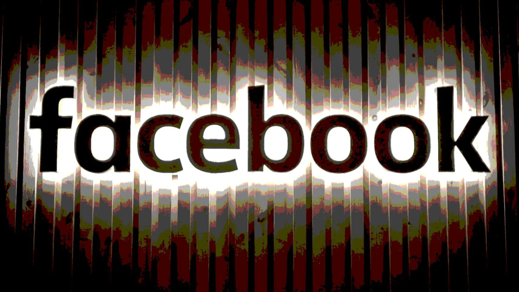 Illuminated Facebook logo on a wall with vertical lines and a distressed background.