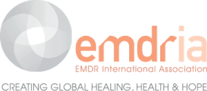 Logo of EMDR International Association with a gray circular symbol and pink text.