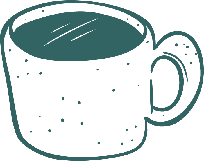Illustration of a black coffee mug with a handle, filled with a hot beverage.