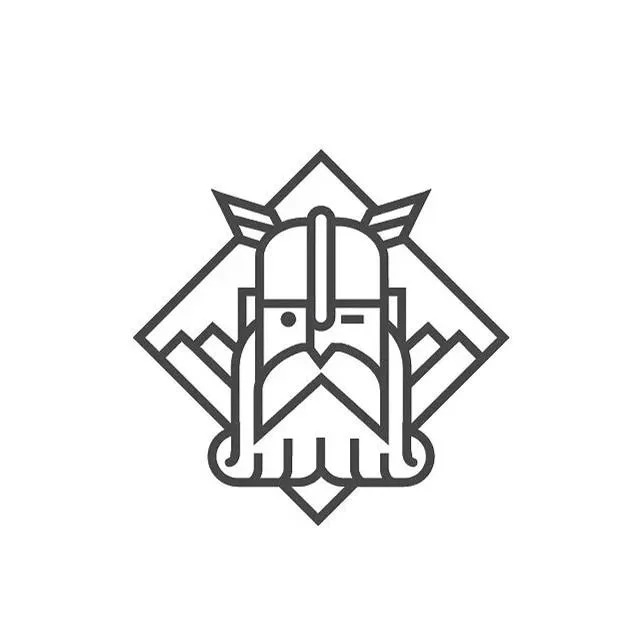 Line drawing of a Viking helmet with a beard and horns, set against a diamond-shaped background.