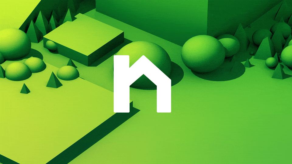 A stylized 3D green landscape with trees, bushes, and a building, featuring a white house icon with a chimney in the center.