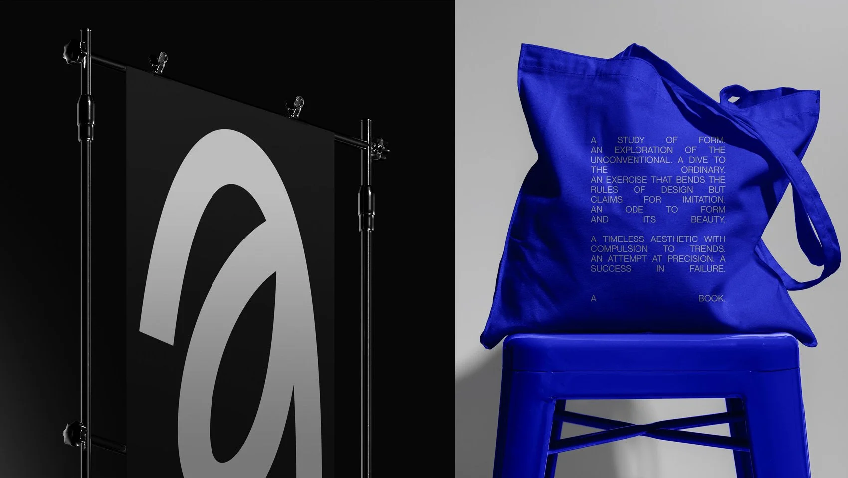 A black and white art display on the left side and a blue tote bag on a blue chair on the right side.