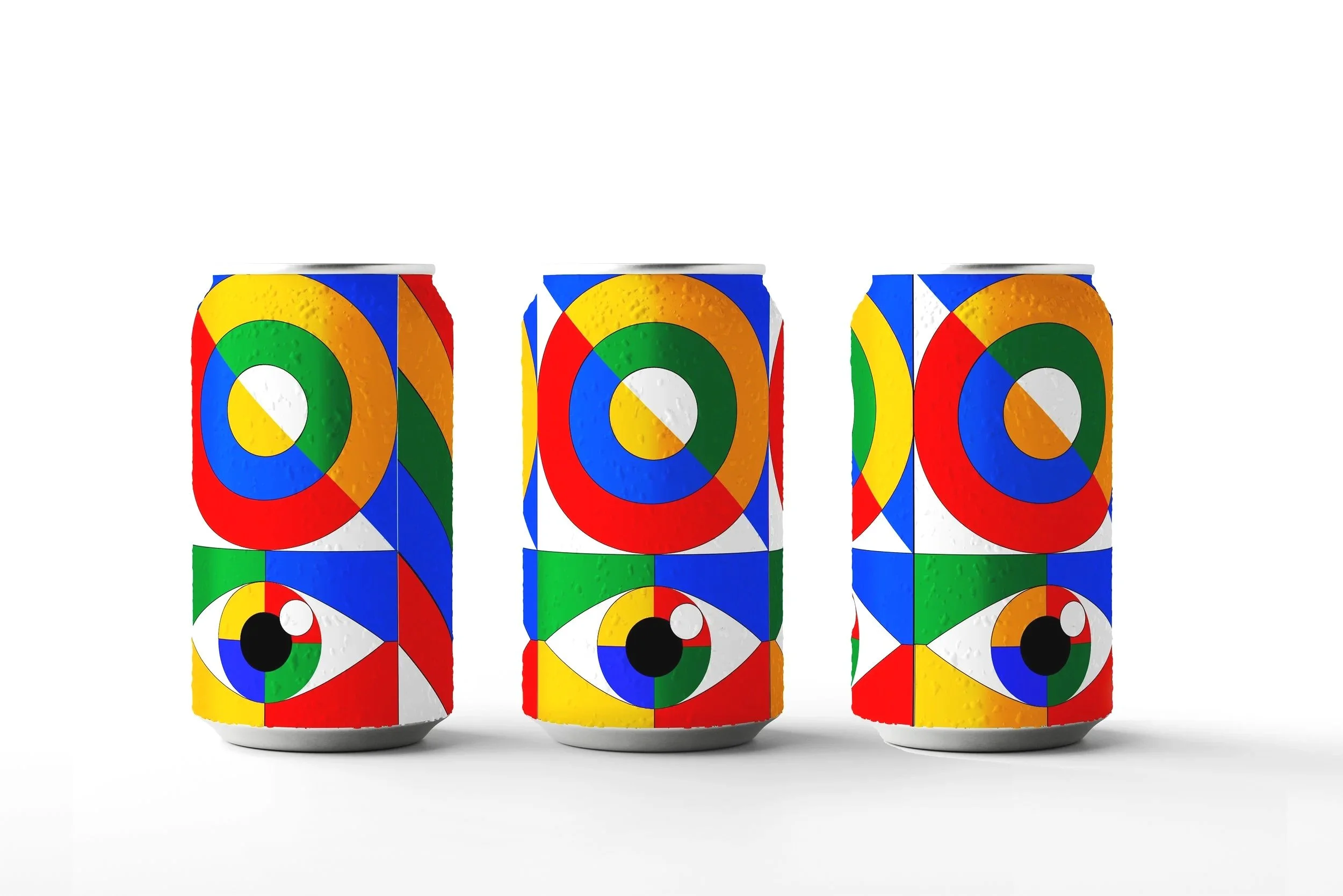 Three cans of soda with a colorful geometric design featuring circles and triangles in red, blue, green, yellow, orange, and white, standing side by side on a white background.