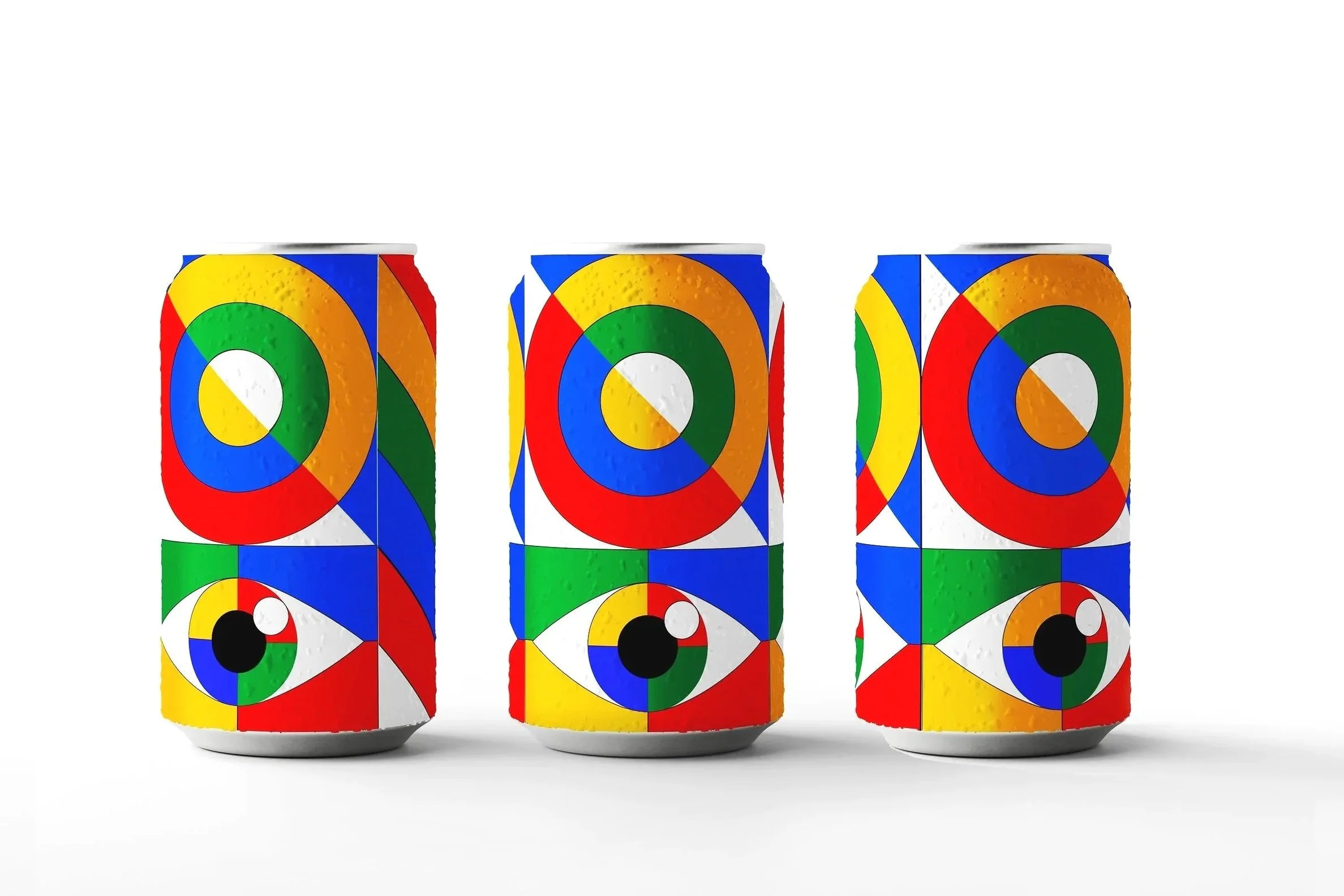Three cans of soda with a colorful geometric design featuring circles and triangles in red, blue, green, yellow, orange, and white, standing side by side on a white background.
